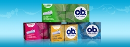Bild på olika produkter från o.b. tamponger. O.b. Original och o.b. ProComfort.