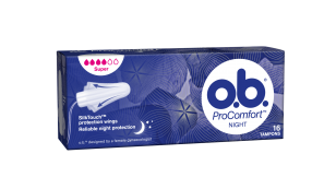 Bild på en förpackning av o.b. ProComfort Night Normal. Produkten har 3 bloddroppar och indikerar att den passar bra för lätta till normala mensblödningar under natten.