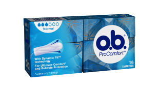Bild på en förpackning av o.b. ProComfort Normal. Produkten har 3 bloddroppar och indikerar att den passar bra för normala mensblödningar.