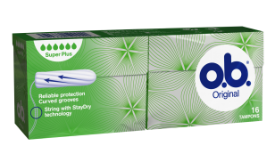 Bild på en förpackning av o.b. Original Super Plus Produkten har 5 bloddroppar och indikerar att den passar bra för väldigt rikliga mensblödningar.