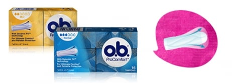Bild på två förpackning av o.b. ProComfort Night Normal och Super. Produkten har 3 respektive 4 bloddroppar och indikerar att de passar bra för normala och rikliga mensblödningar under natten.