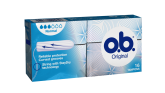Bild på en förpackning av o.b. Original Normal. Produkten har 3 bloddroppar och indikerar att den passar bra för rikliga mensblödningar.