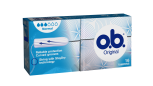 Bild på en förpackning av o.b. Original Normal. Produkten har 3 bloddroppar och indikerar att den passar bra för rikliga mensblödningar.